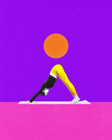 Flexible sportive young girl training, doing stretching and yoga exercises. Meditation over purple background. Contemporary art collage. Bright colorful design. Concept of sportive lifestyle, healthの写真素材