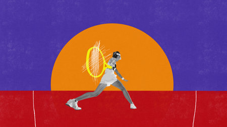 Young girl in white uniform with cap, training, playing tennis at abstract sunset background. Contemporary art collage. Bright colorful design. Concept of youth, sportive lifestyle, competitionの写真素材
