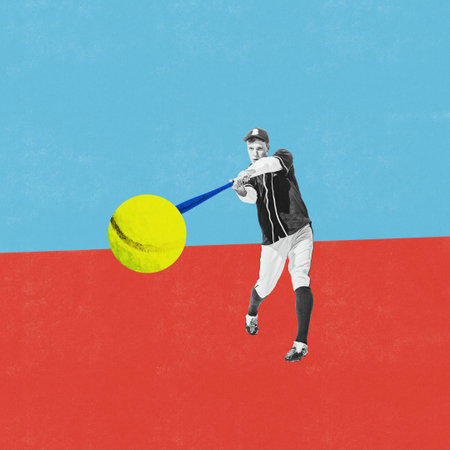 Concentrated young man, athlete playing baseball over blue red background. Winner. Contemporary art...