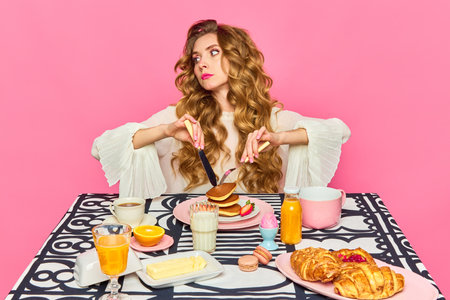English breakfast. Good-looking redhead woman starting eat her sweet breakfast with calm face over pink background. Food pop art photography. Concept of morning, food, breakfast, emotions, retro, adの写真素材