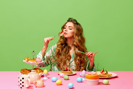 One pretty girl having family holiday dinner with manner face expression over green background. Concept of Easter holiday, traditions, food, breakfast, vintage, retroの写真素材