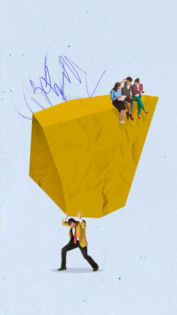 Team leader carrying giant stone with employees sitting and working. Way to success and growth. Contemporary art collage. Concept of business, teamwork, management. Conceptual designの写真素材