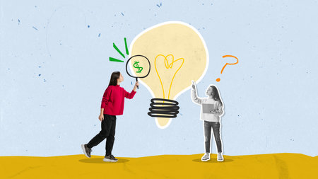 Young employees generating successful, professional ideas for company financial growth. Contemporary art collage. Concept of business, career, analytics, team, innovations. Conceptual designの写真素材