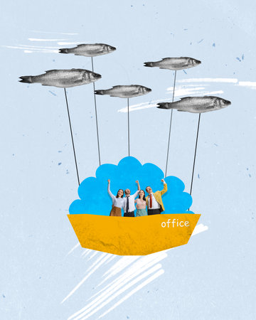 Positive office workers celebrating professional success and well done work. Flying on illusion boat with fishes. Contemporary art collage. Concept of business, teamwork, success. Conceptual designの写真素材