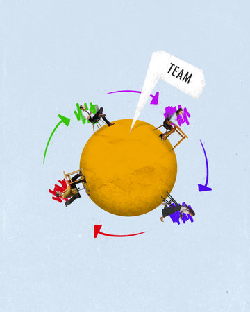 Well-coordinated team. Huge company. People working together on new project all around the world....