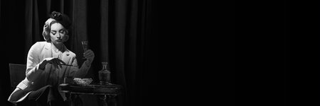 Banner of adorable lady wearing retro costume holding wine glass and smoking. Black and white. Concept of human emotions, beauty, fashion, old films, actress, retro, vintageの写真素材