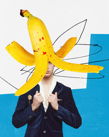 Dont care. Emotionless man with banana on head looking with one eye. Mental breakdown and crisis. Contemporary art collage. Concept of surrealism, inner world, idea. Creative design. Abstract art.の写真素材