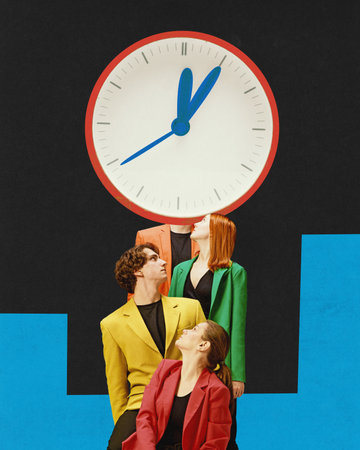 Employees in colorful formal wear looking on clock. Deadlines and lack of energy. Burned out. Failed time management. Contemporary art collage. Surrealism, business, emotions concept. Creative design.の写真素材