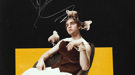 Young man in extravagant retro clothes sitting with thoughtful face and counting sheeps. Feeling calm and relaxed. Contemporary art. Concept of surrealism, new vision, psychology. Creative design.の写真素材