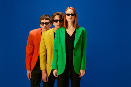 Traffic light. Men and woman wearing colorful jackets and dark sunglasses standing with calm face over blue background. Concept of fashion, models, styleの写真素材