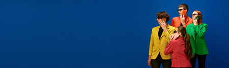 Banner of young team wearing stylish jackets holding cell phones and talking over blue background. Concept of fashion, models, style, business, online, teleworkingの写真素材