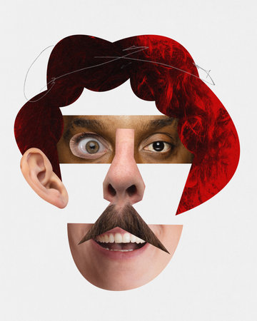 Standards of appearance. Human face made of diverse people face parts. Combination of different age, gender and race. Contemporary art. Concept of human rights, diversity, freedom and self-expression.の写真素材