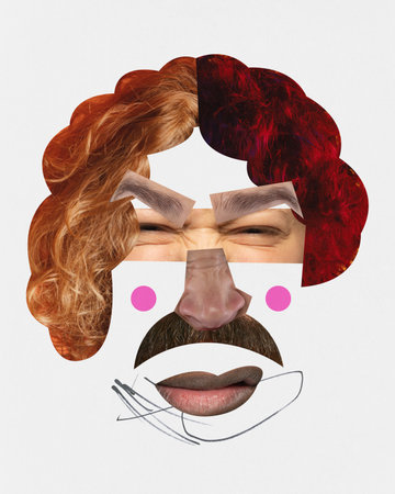 Grimacing. Human face made of different human parts of various gender and age. Caricature art. Contemporary art collage. Concept of human rights, diversity, emotions, freedom and self-expression.の写真素材