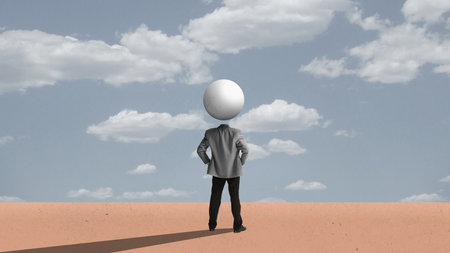 Thoughts, dreams. Faceless man wearing grey costume with sphere instead head. Surreal contemporary art collage. Business, mood, psychological conditions, art, fashion, ad, conceptの写真素材