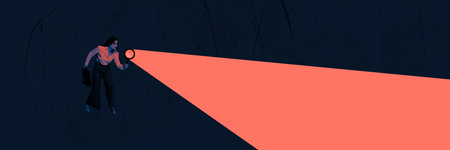 Looking for right decision. Banner, art collage with business woman wearing costume seeking for solution, ideas using magnifying glass. Business, work, career, personal and professional growth conceptの写真素材