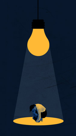 Loneliness, stressed. Art collage with lonely business woman wearing suit sitting above light bulb in the dark. Concept of work life balance, burn out syndrome, press from colleagues, problemsの写真素材