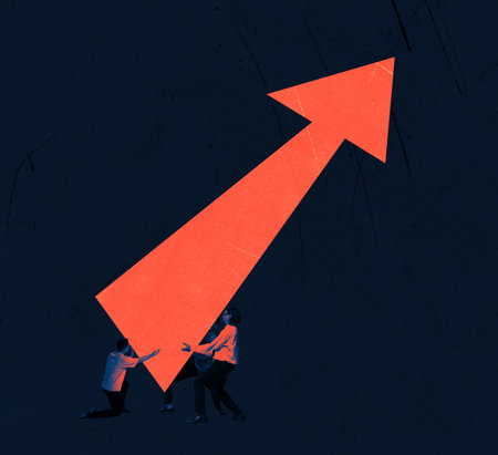 Contemporary art collage businessmen, team carrying huge arrow together with efforts symbolizing support, cooperation. Concept of teamwork, cohesion, motivation, goal, growth, adの写真素材