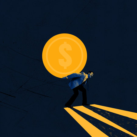 Contemporary art collage of business man carrying big golden coin on back with effort symbolizing financial difficulties. Concept of finance, loses, stress, problem, career, money, adの写真素材