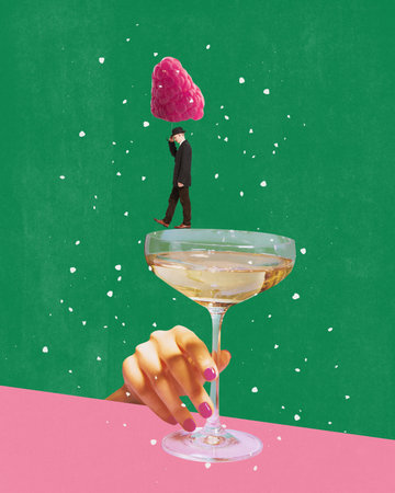 Female hand holding glass. Contemporary art collage with sad man standing on huge glass with alcohol and looking down over green background. Concept of cocktails, alcoholic drinks, retro, vintage, adの写真素材