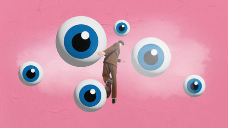 Art collage with young man wearing brown vintage, old-style clothes surrounded of many big eyes over pink background. Creative work. Concept of surrealism, retro, vintage, adの写真素材