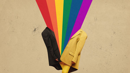 Art collage with fashionable jacket with colorful LGBT flag colors stripes over beige background. Sexual freedom. Concept of relationship, LGBTQA community, love, modern world, art, human rights, adの写真素材