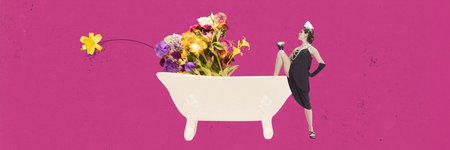 Bathroom with flowers. One beautiful woman wearing vintage clothes holding alcohol cocktail with confident face over pink background. Surrealism, party, weekend, holiday, retro, vintage, ad conceptの写真素材