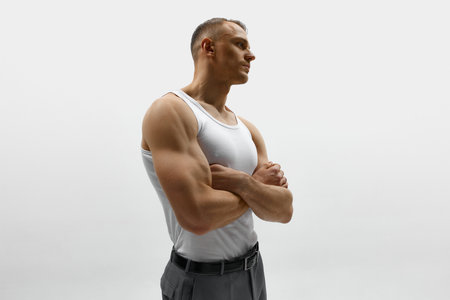 Brawny, power. Close up shot of muscular young man standing with folded hands and looking away over...