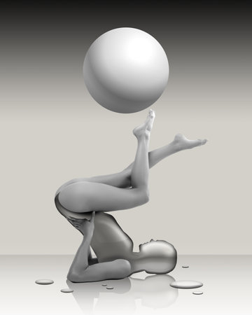 Blank face, faceless girl. Art collage with silhouette of young woman laying on floor and touch space sphere by toes. Black and white. Concept of surrealism, art, creativity, beauty, adの写真素材