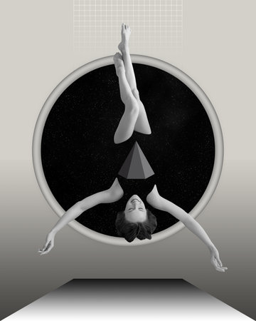 Reunion universe. Art collage of female body laying upside down on space portal with figure instead of body part. Monochrome artwork. Concept of surrealism, art, creativity, beauty, female body, adの写真素材