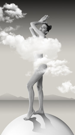 Heaven goddess. Attractive young woman with beautiful naked body surrounded clouds standing on abstract figure. Contemporary art collage. Concept of surrealism, art, creativity, beauty, adの写真素材
