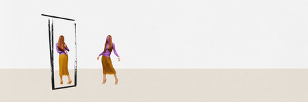 Wrong reflection. Contemporary art collage with beautiful redhead girl standing in front of mirror over white background. Concept of surrealism, fashion, new vision, ad, art, mood, inspiration, ideaの写真素材