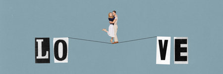 Contemporary art collage with stunning couple of lovers standing on rope with letters over white...
