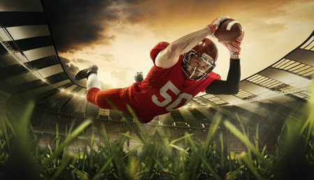 Collage with professional american football player in motion and action jumping to catch ball at 3D model sport stadium arena. Concept of sport, active and healthy lifestyle, team game, energy, powerの写真素材