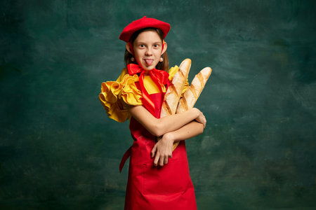 Grocery shopping. One funny little girl holding baguette in hands and grimacing at camera over dark vintage background. Joke, fun, crazy. Concept of modern fashion, uniqueness, art, adの写真素材