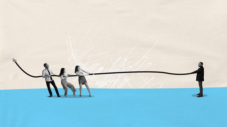 Professional challenges. Contemporary art collage with project manager, director giving a help hand to team, workers symbolizing support, mutual understanding. Concept of teamwork, career growth, adの写真素材