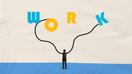 Work, job, career. Contemporary artwork of business man with unusual length of hands making a word out of letters looking on it. Back view. Concept of productivity, achievement, success, aim, resultの写真素材