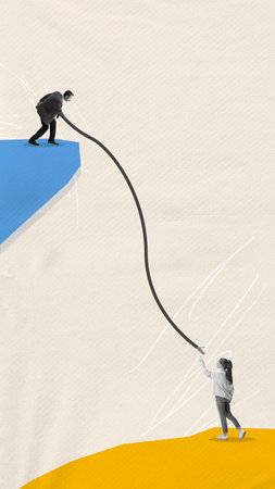 Temporary difficulties. Contemporary art collage with boss, director giving a help hand to woman, worker symbolizing support, mutual understanding. Concept of teamwork, career growth, adの写真素材
