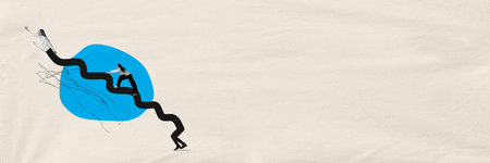 Way to success, bright future. Contemporary art collage with woman, worker following the leader, director boss up the career stairs. Banner with cope space. Concept og career growth, teamwork, resultの写真素材