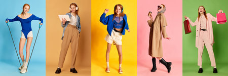 Horizontal banner with portraits of happy young girl doing different activities shopping, training, dancing, studying over multicolored backgrounds. Concept of active lifestyle and happinessの写真素材