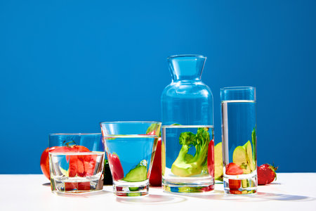Organic food. Still life with fresh vegetables broccoli pepper, cucumber, strawberry over blue studio background. Concept of healthy food, vitamins, nutrition, sport life style, dietの写真素材