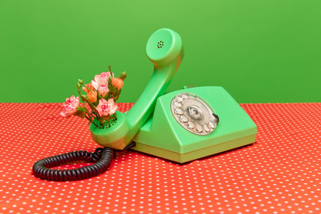 Creative decorations. Portrait with telephone receiver and flowers inside on festive red table over green studio background. Concept of nature, bloom season, fashion, beauty, art, creativity, adの写真素材