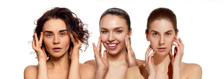 Collage. Three beautiful women with clear, spotless, healthy skin against white background. Organic...