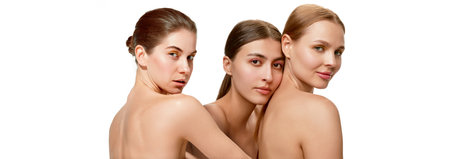 Collage. Tender, beautiful, young women with healthy, clear, well-kept skin over white background. Cosmetological treatment. Concept of natural beauty, skin care, cosmetology, cosmetics, healthの写真素材