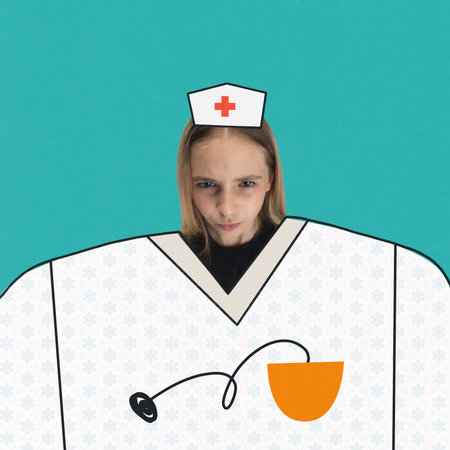 Funny little doctor. Contemporary art collage with one young girl wearing nurse uniform on turquoise background. Creative artwork. Emotions, ideas, imagination, international childrens day conceptの写真素材