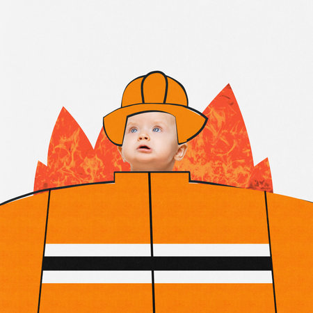 Contemporary art collage with one little cute girl wearing special firefighter uniform over white background. Creative artwork. Concept of emotions, ideas, imagination, international childrens day, adの写真素材