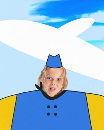 Little traveler. Contemporary art collage with one funny girl in flight attendant uniform over blue background with pencil sketch. Emotions, ideas, imagination, international childrens day costumeの写真素材