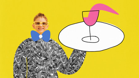 Little garson. Contemporary art collage with smiling little boy wearing waiter uniform on yellow background with pencil sketch. Concept of ideas, imagination, international childrens day, careerの写真素材