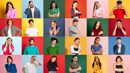 Negative emotions and facial expressions. Collage with ethnically diverse people, men and women with sad, upset face on multi colorful background. Concept of team, job fair, student, university, adの写真素材