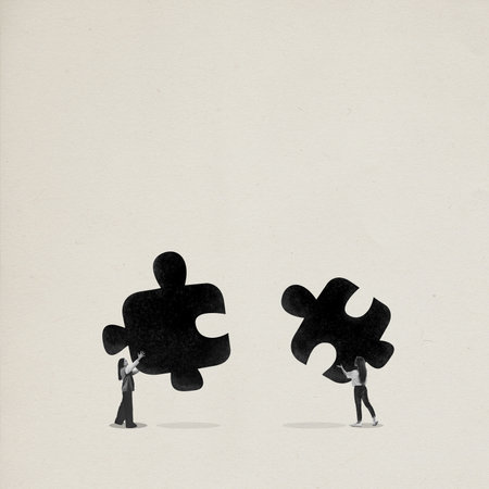 Partnership. Contemporary art collage with two women, girls holding puzzles and going to connect it together over light background. Monochrome. Concept of cooperation, business, career, teamworkの写真素材
