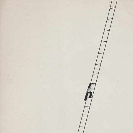 Contemporary art collage with one girl, woman climbing up the career ladder to achieve success over light background. Monochrome. Concept of motivation, professional growth, goal, aim, business, adの写真素材